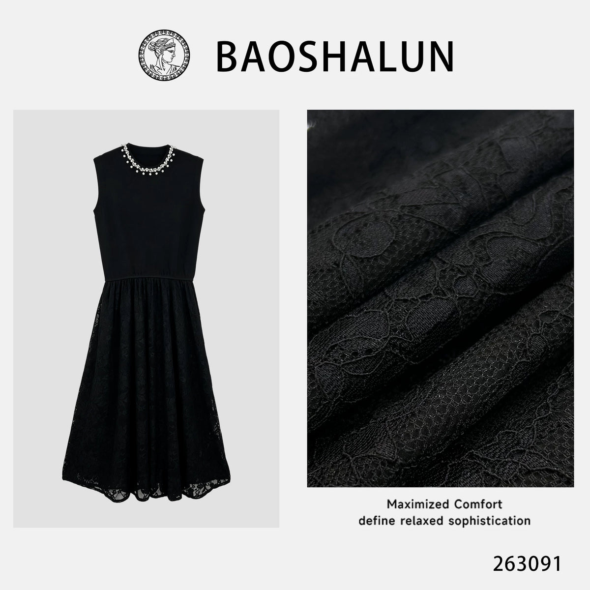 [Mina Exclusive] [Bead Neck Ya Dress] Premium Light Luxury Bead Hook Sleeveless Black Dress 263091