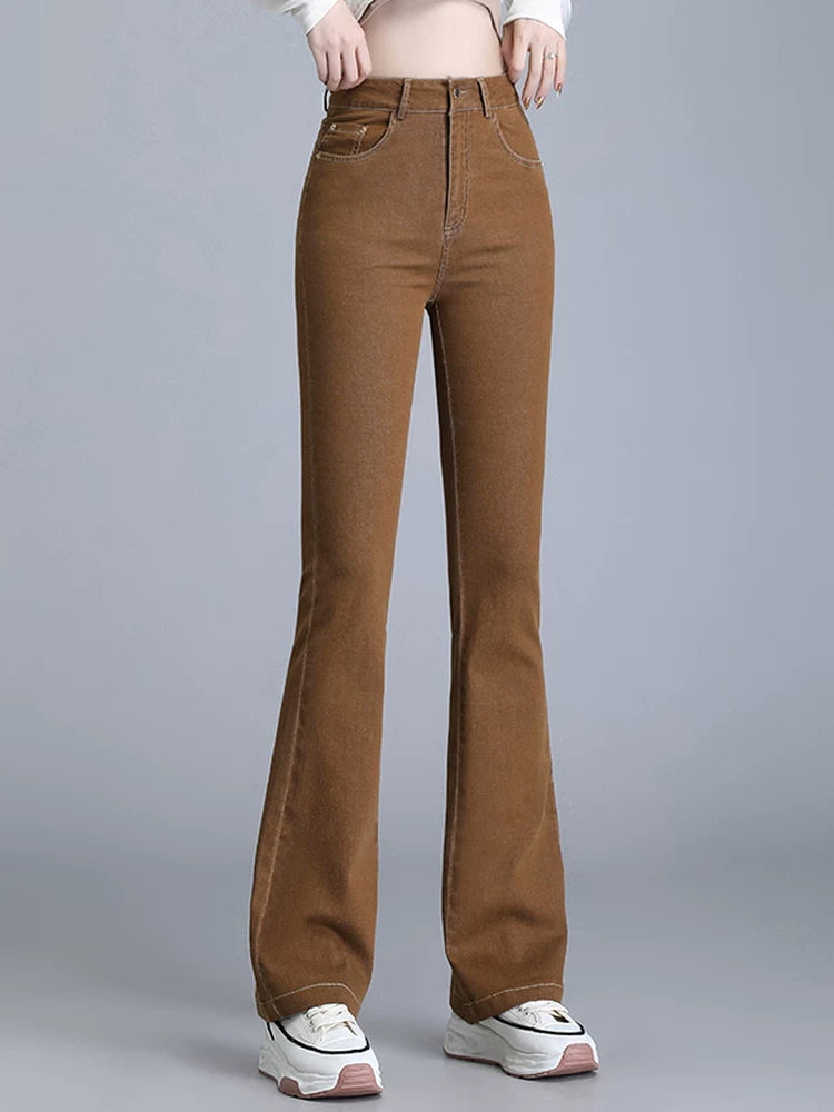 Super fire retro pink micro-pull jeans women's 2026 autumn new high-waisted slim-fitting horseshoe horn pants