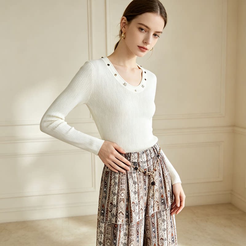 [Bin Bin Exclusive] [Cloud Star Fall] Wool Design Bead Crew Neck Knitted Top 363113