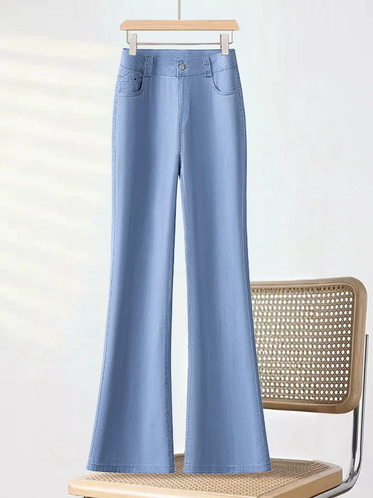 Tencel straight and slightly pulled jeans women's 2026 summer new small cool ice silk thin high-waisted horseshoe pants