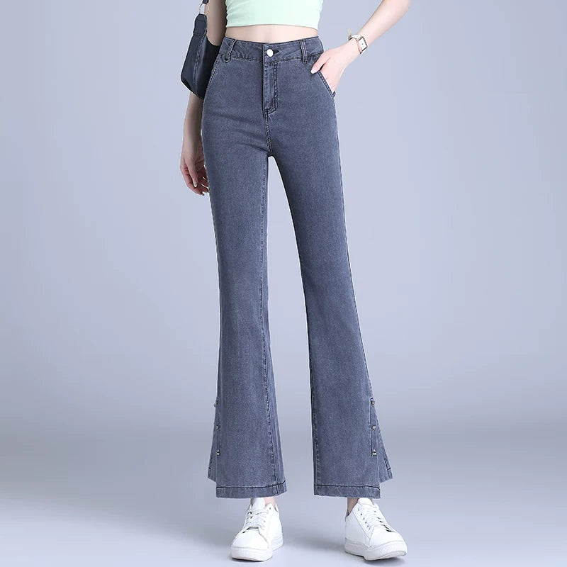 浅蓝色开叉天丝九分微喇牛仔裤女2026夏季新款高腰显瘦修身喇叭裤