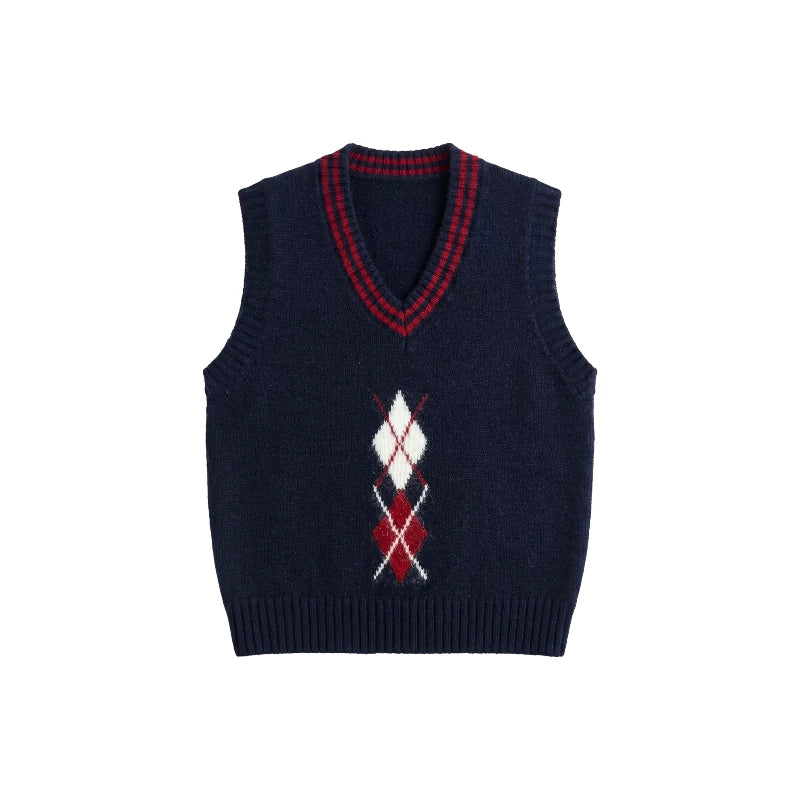 [Mina Exclusive] [Tibetan Blue Grid Description] Korean Navy Blue Contrast Color British Wind Hongling Grid Vest 263367