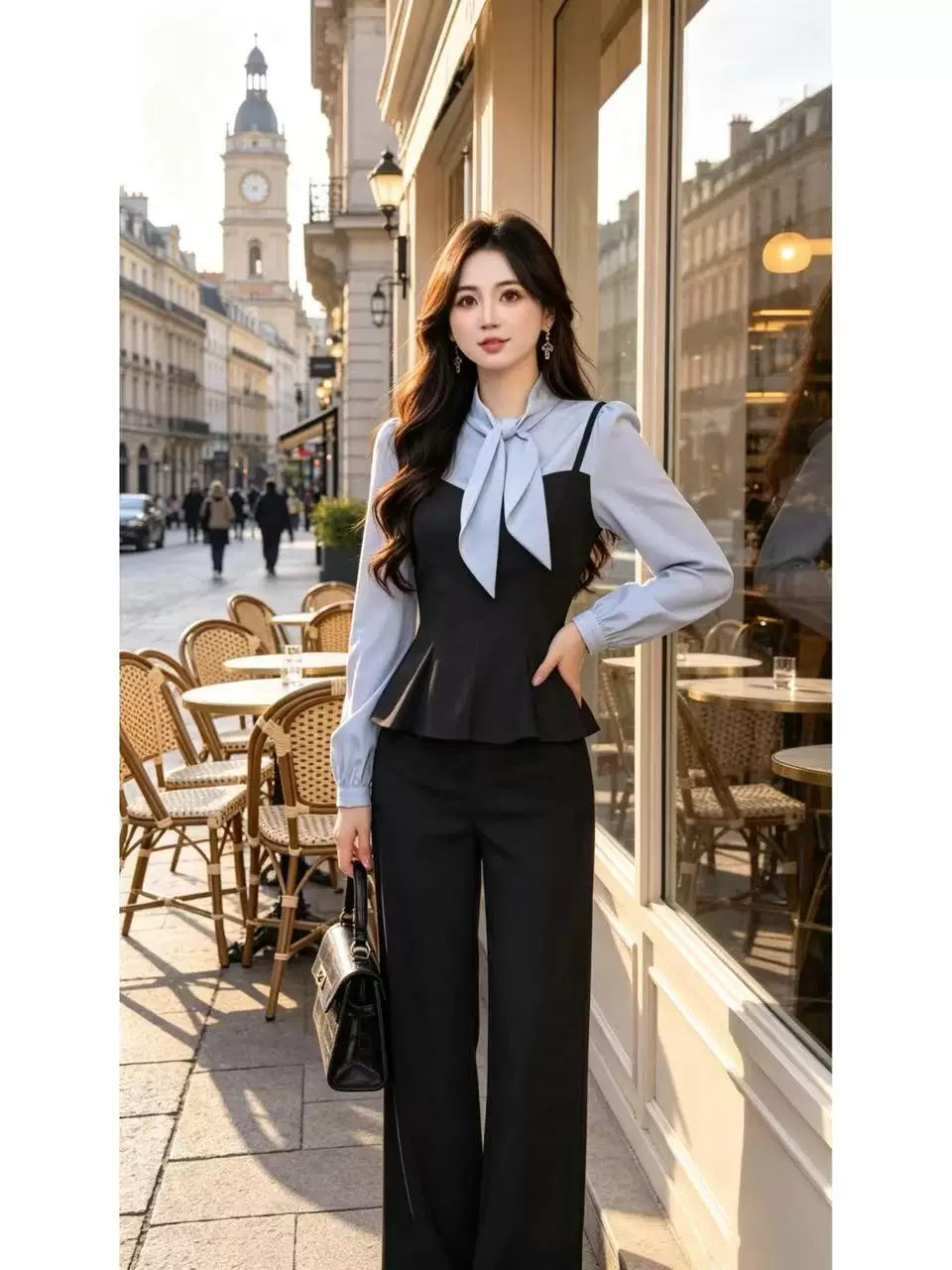 تصميم روي روي المخصص【أنيق كالغيوم】【طقم من قطعتين】طقم بنطلون واسع طقم بنطلون كاجوال TX0422