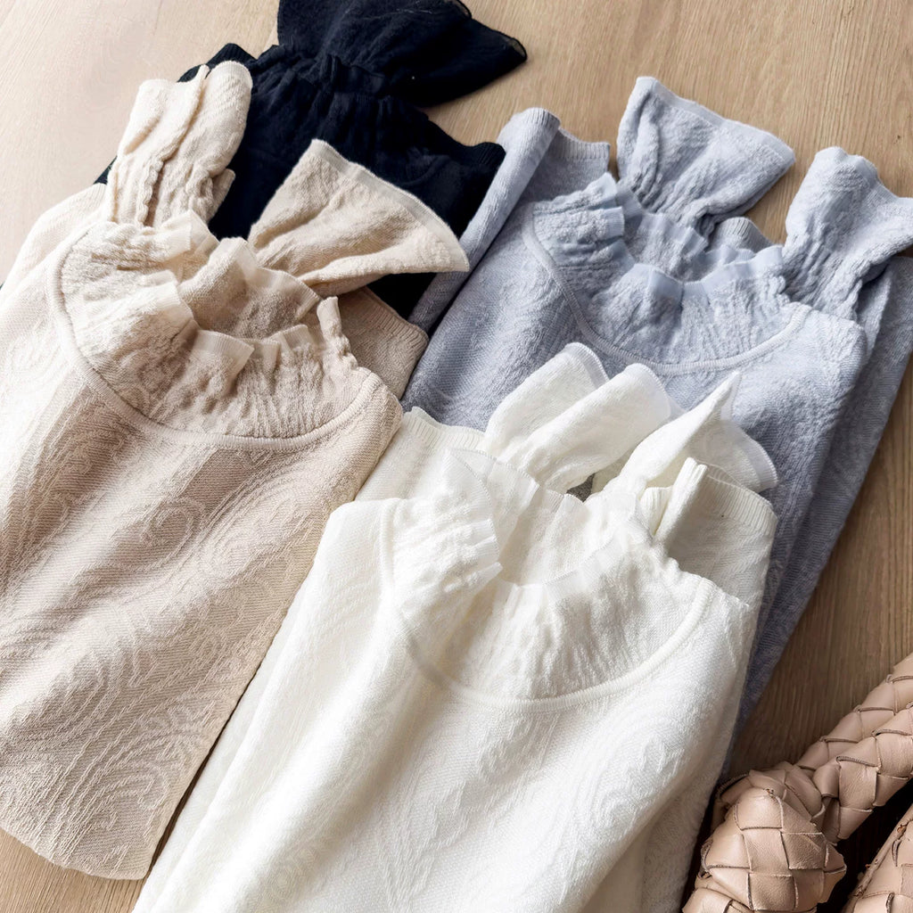 Gentle White Moonlight – So Easy to Style! Floral Lace Jacquard Knit Long-Sleeve Mock-Neck Base Layer for Women