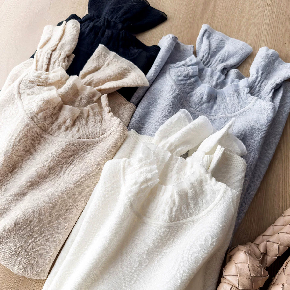 Gentle White Moonlight – So Easy to Style! Floral Lace Jacquard Knit Long-Sleeve Mock-Neck Base Layer for Women