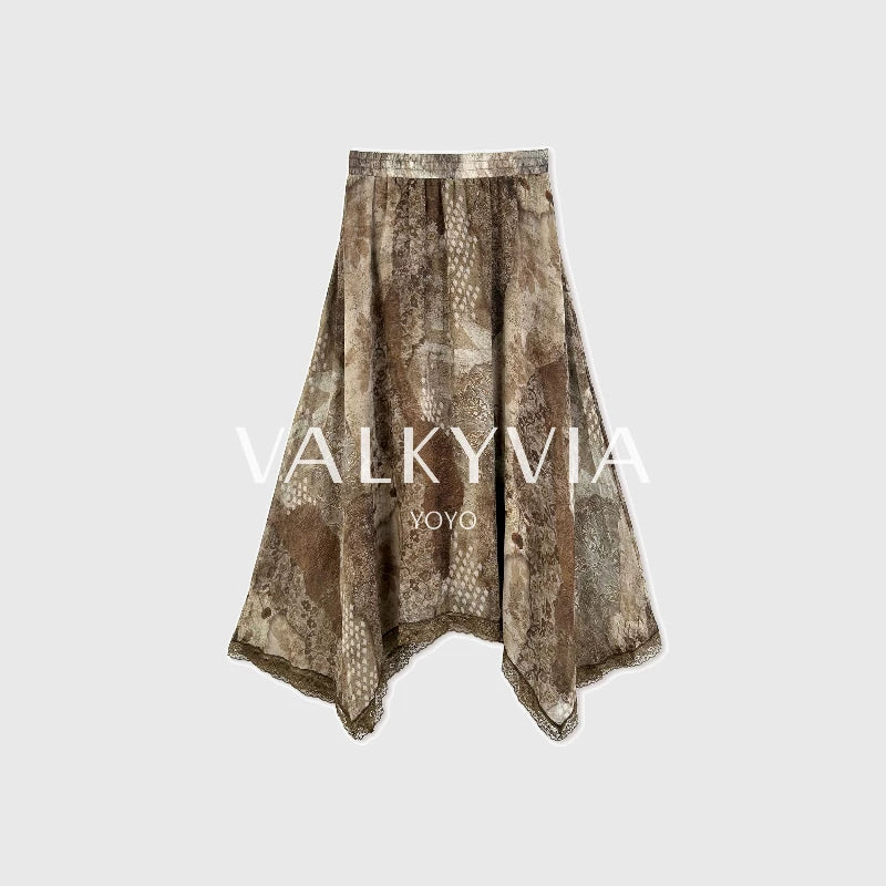 【Valkyvia/يويو】تنورة A مقسمة مطبوعة بقطع دانتيل غير منتظم وخصر مطاطي 963110