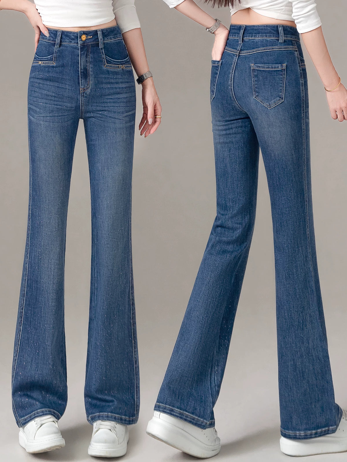 High-end shiny bronzing powder slightly pulled jeans women's 2026 spring and autumn new slim-fitting and thin high-waisted flared pants