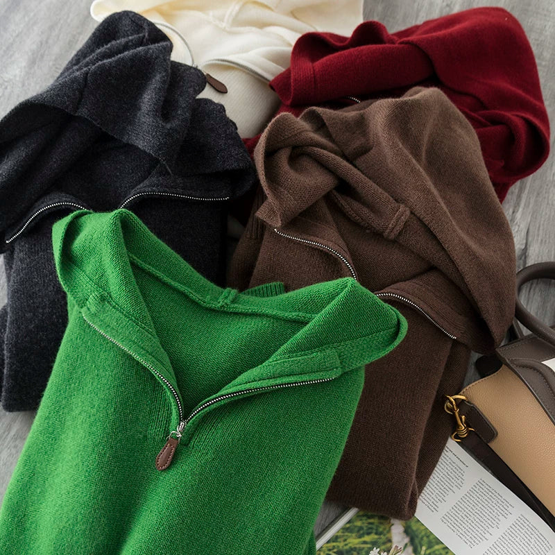 软糯全羊毛简约时髦百搭连帽半拉链皮扣套头针织衫毛衣卫衣女