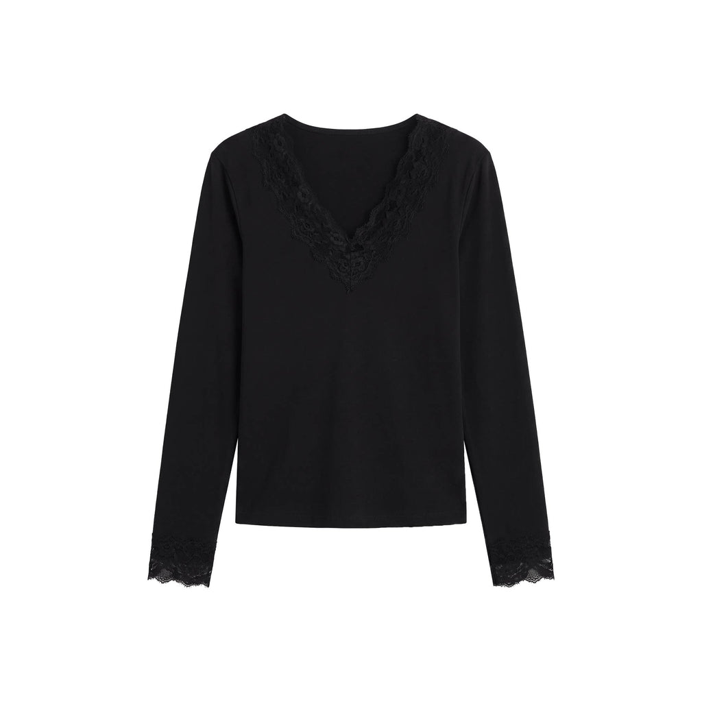 [Mina Exclusive] [Lace Light Weaving] French V-Neck Splicing Lace Lace Top 363210