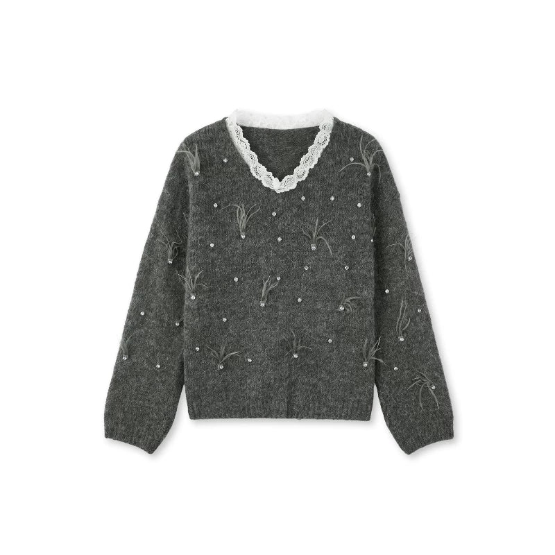 [Valkyvia/Yoyo] Wool lace feather rhinestone embellished crew neck sweater 263408