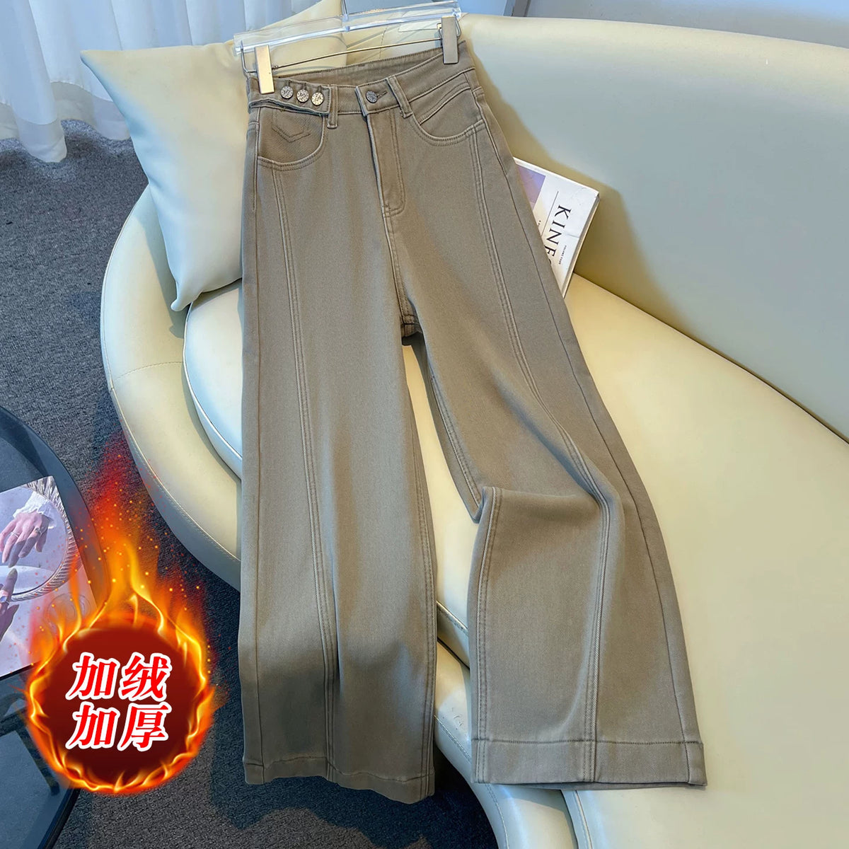 جينز نسائي مخملي عريض بطراز أمريكي ريترو شتاء 2026 جديد صغير فضفاض كاجوال بنطلون مستقيم بطول تسعة أرباع