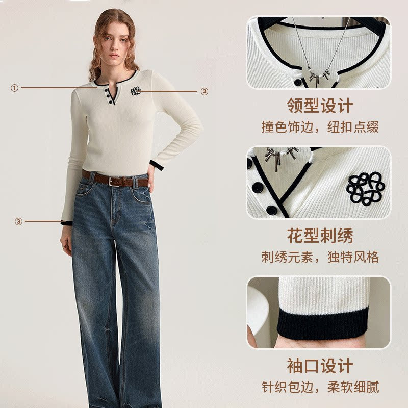 [Mina Exclusive] Sheep wool flower embroidery contrasting color trim V-neck knitted shirt M2506058