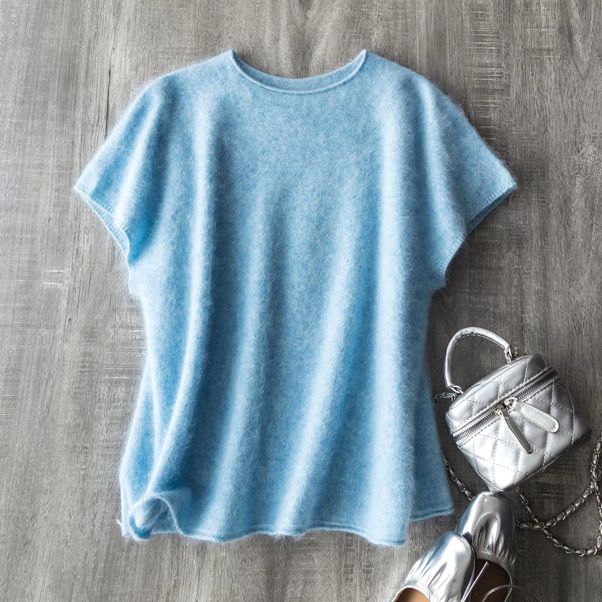 Early Bird Perk~Cloud Napping~Seamless One-Piece Silk Cashmere Wool Brushed Curly-Hem Crew Neck Short-Sleeve Knit Top