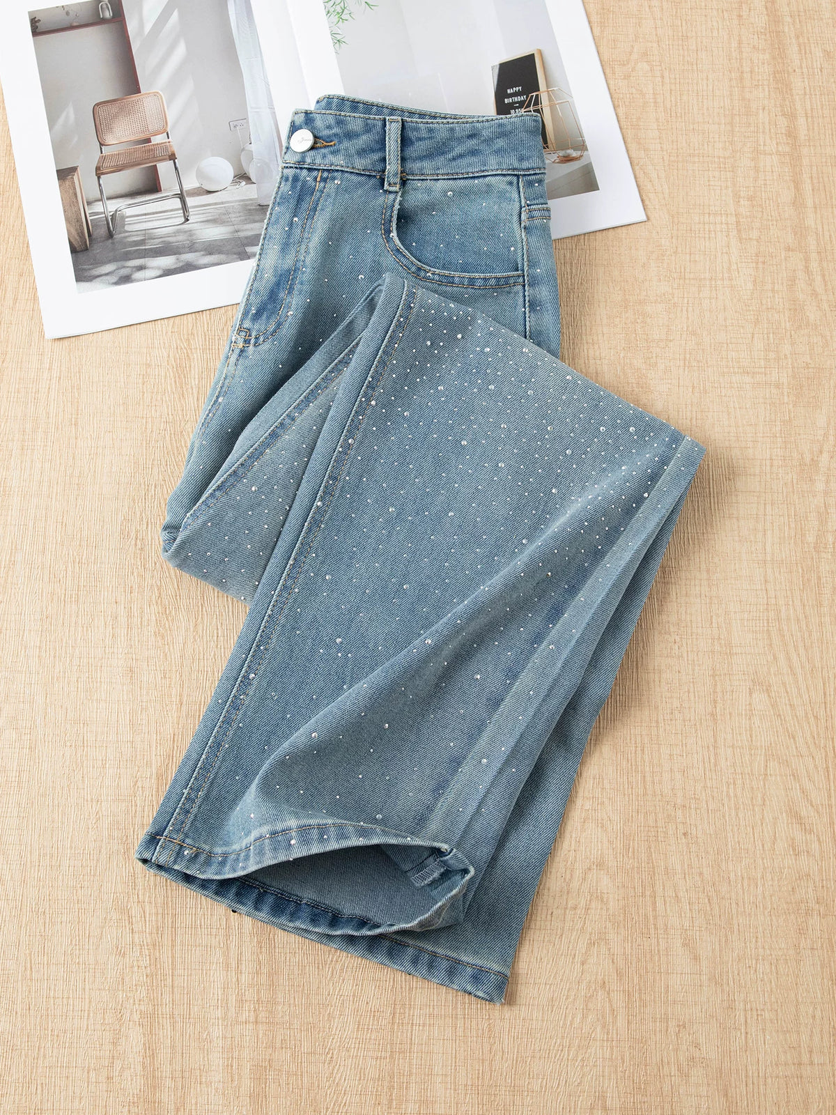 Korean Version of Thin, Hot Diamond-Patterned Women's Slim Straight-Leg Pants, 2026 New Autumn Small-Waist High-Waisted Wide-Leg Pants