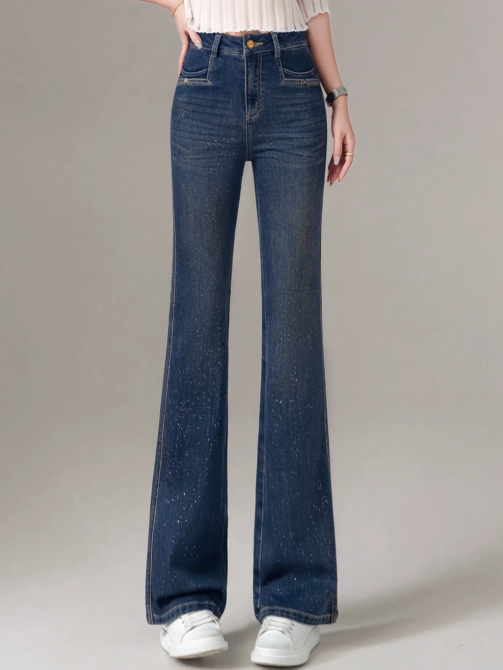 High-end shiny bronzing powder slightly pulled jeans women's 2026 spring and autumn new slim-fitting and thin high-waisted flared pants