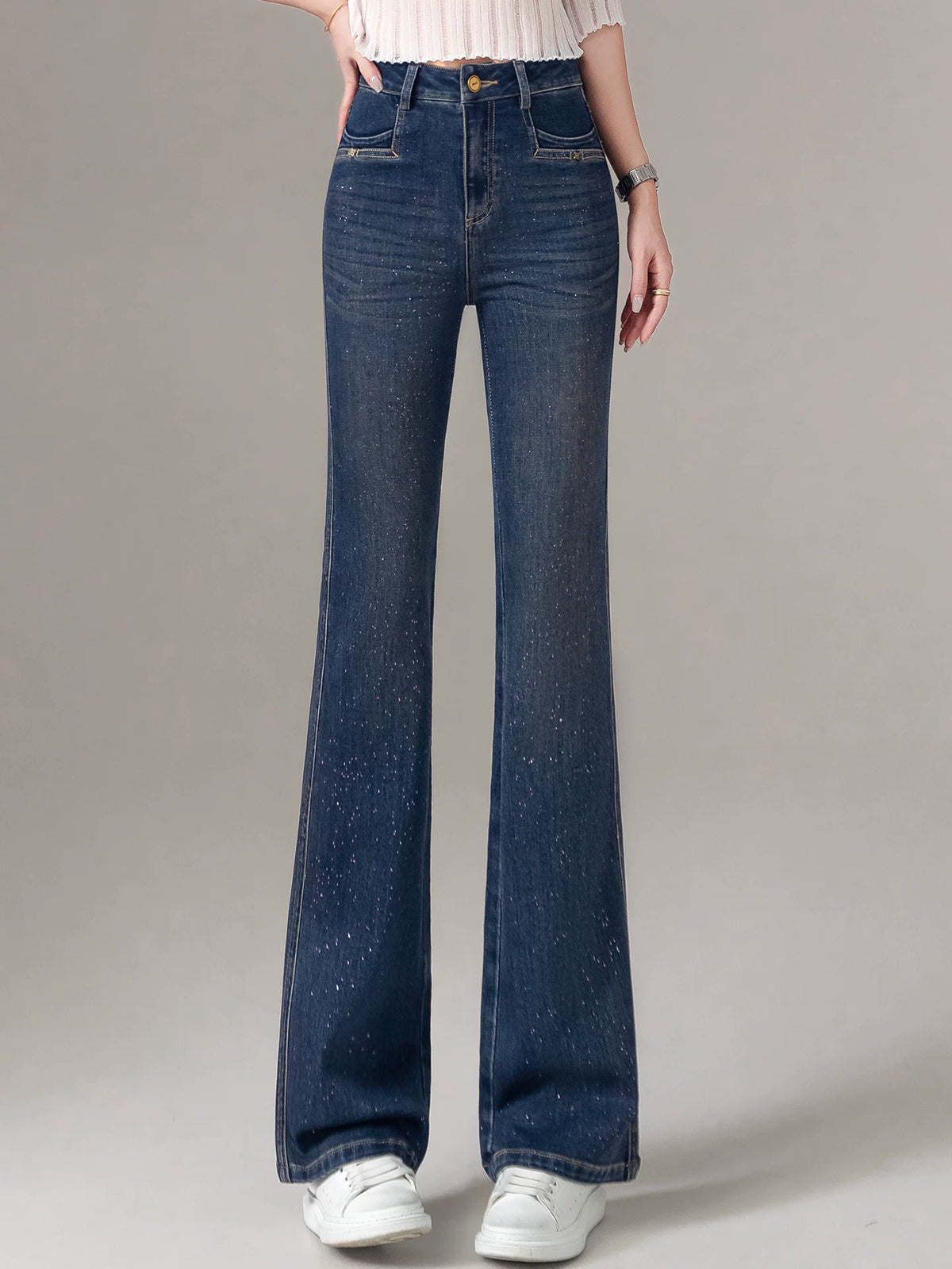 High-end shiny bronzing powder slightly pulled jeans women's 2026 spring and autumn new slim-fitting and thin high-waisted flared pants