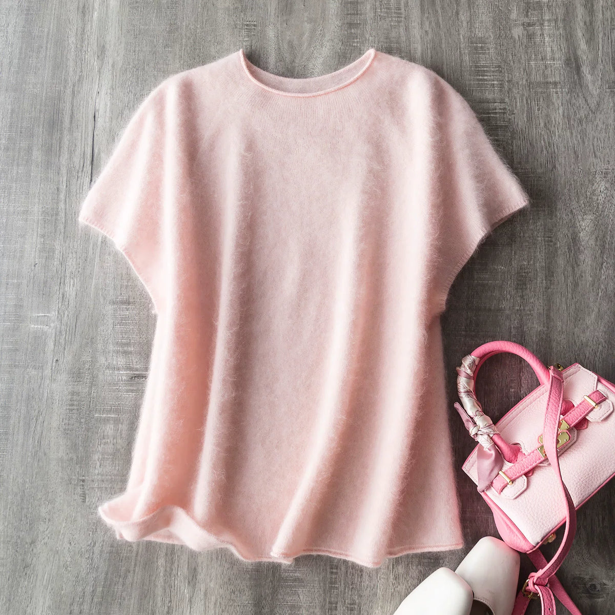 Early Bird Perk~Cloud Napping~Seamless One-Piece Silk Cashmere Wool Brushed Curly-Hem Crew Neck Short-Sleeve Knit Top