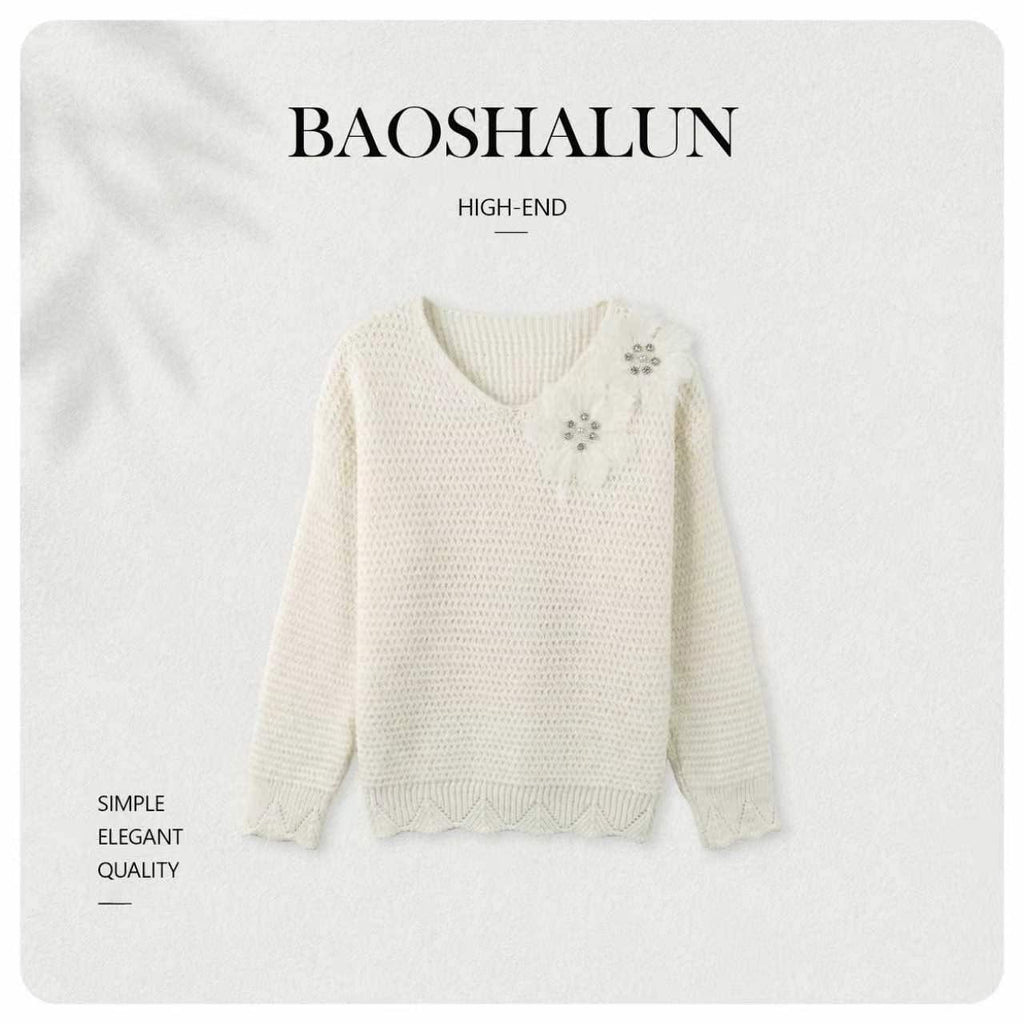 [Huahua Recommendation] Wool Fujia Qianjin Mesh Nail Bead Three-dimensional Flower Sweater 263390