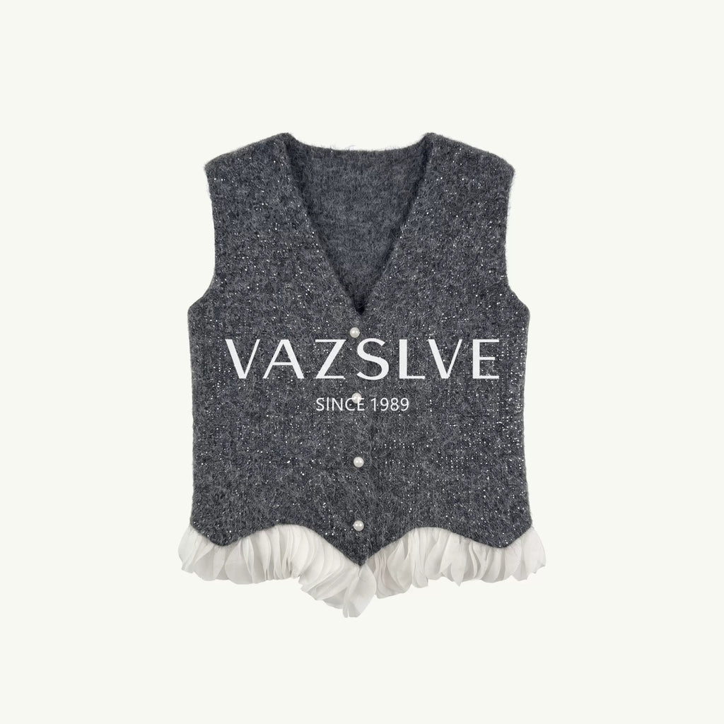 [VAZSLVE/New Luxury Products] Leak-picking wool pearl buckle splicing white yarn sleeveless vest 263427