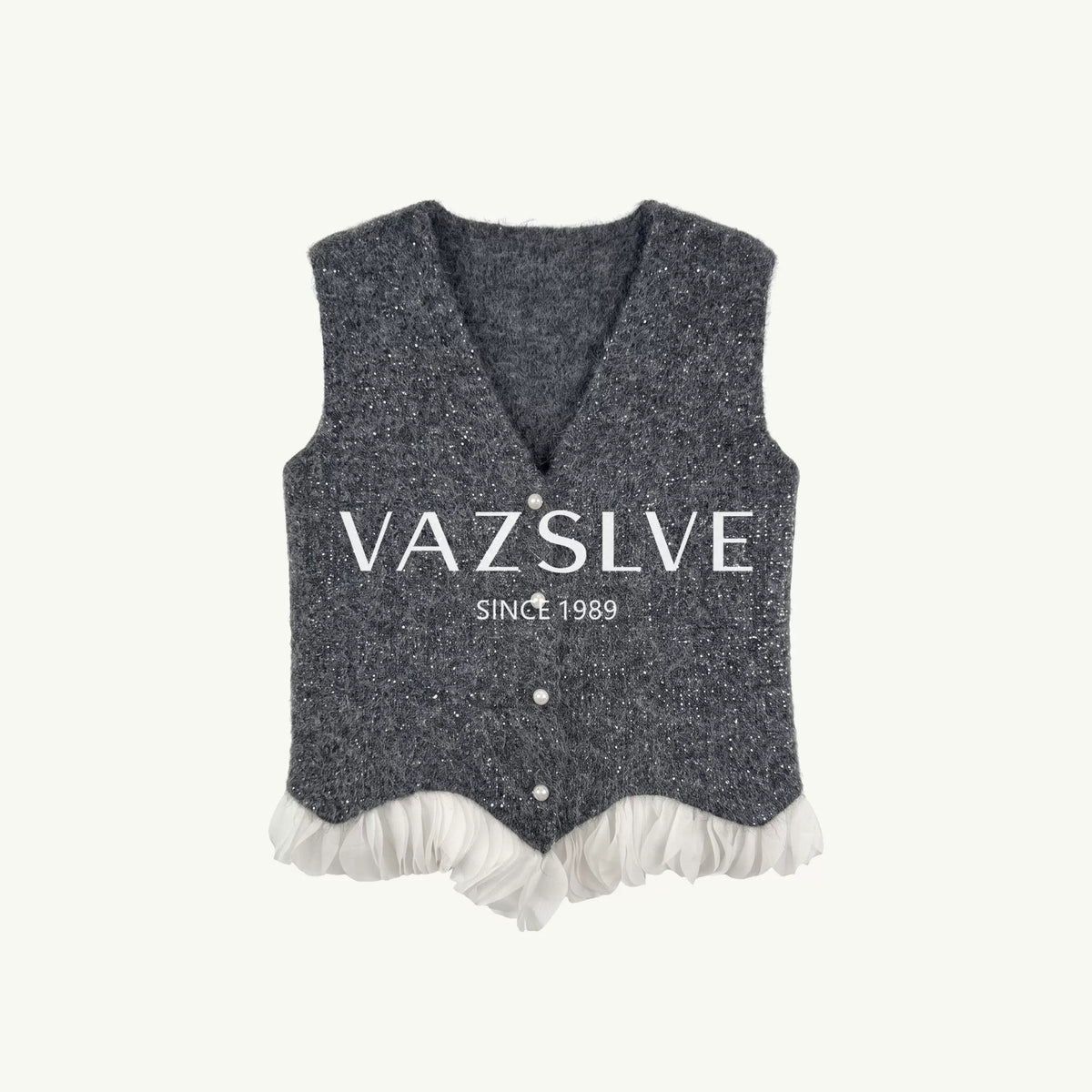 [VAZSLVE/New Luxury Products] Leak-picking wool pearl buckle splicing white yarn sleeveless vest 263427