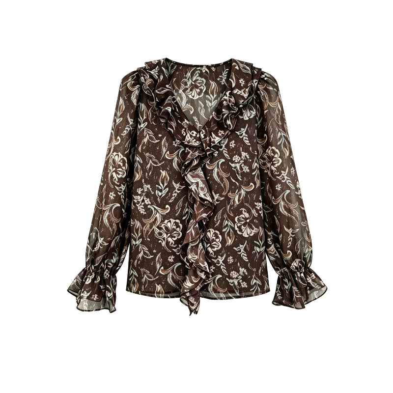 [Valkyvia/Yoyo Luxury] French ruffle edge V-neck silver silk fine flash top 363208