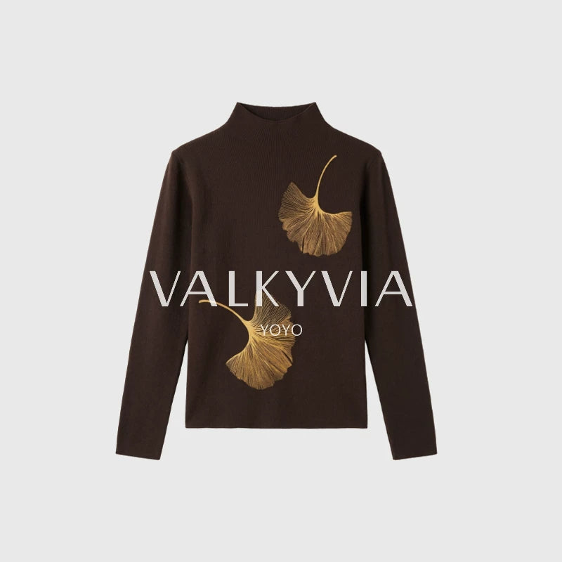 [Valkyvia/Yoyo] National style ginkgo embroidered semi-turtleneck soft waxy slim-fitting knitted top 263454