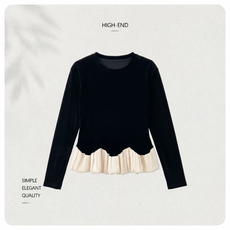 [Valkyvia/Yoyo] Crew neck contrasting color, bright hem, slim and thin top 363311