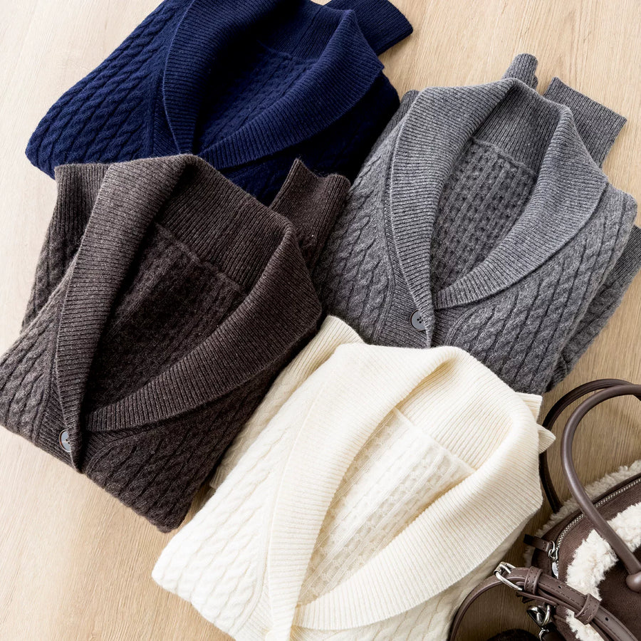 High-Intelligence Low-Key Old Money Style Cable-Knit Mandarin Collar Relaxed-Fit 100% Wool Pointelle Knit Cardigan Sweater Jacket for Women