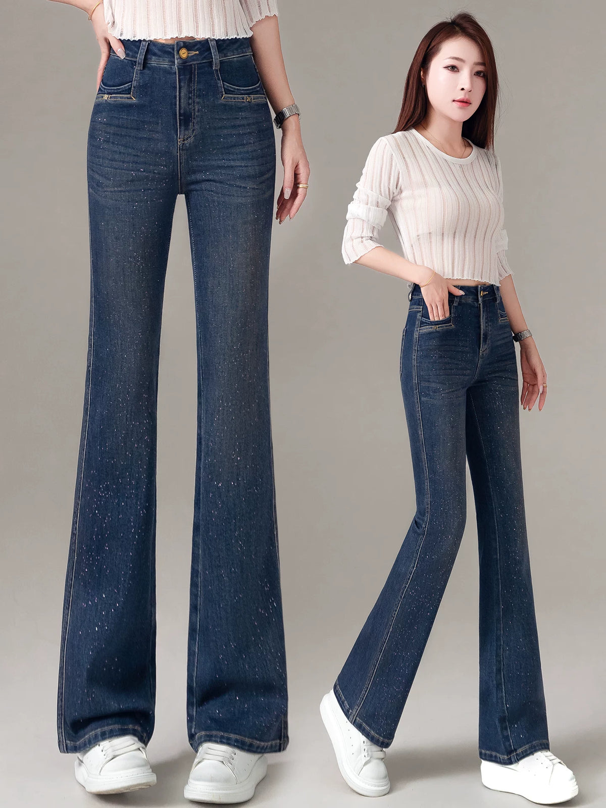 High-end shiny bronzing powder slightly pulled jeans women's 2026 spring and autumn new slim-fitting and thin high-waisted flared pants