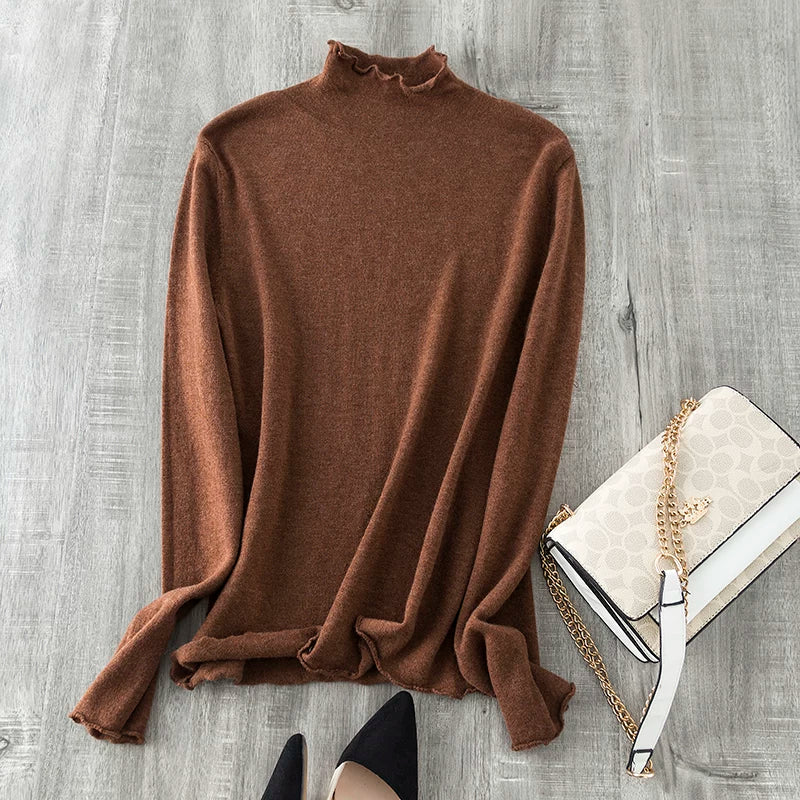 A must-have for everyone, perfect for pairing with statement pieces~ Nude-effect, ultra-comfortable extra-fine wool turtleneck knit top with a mock-neck collar