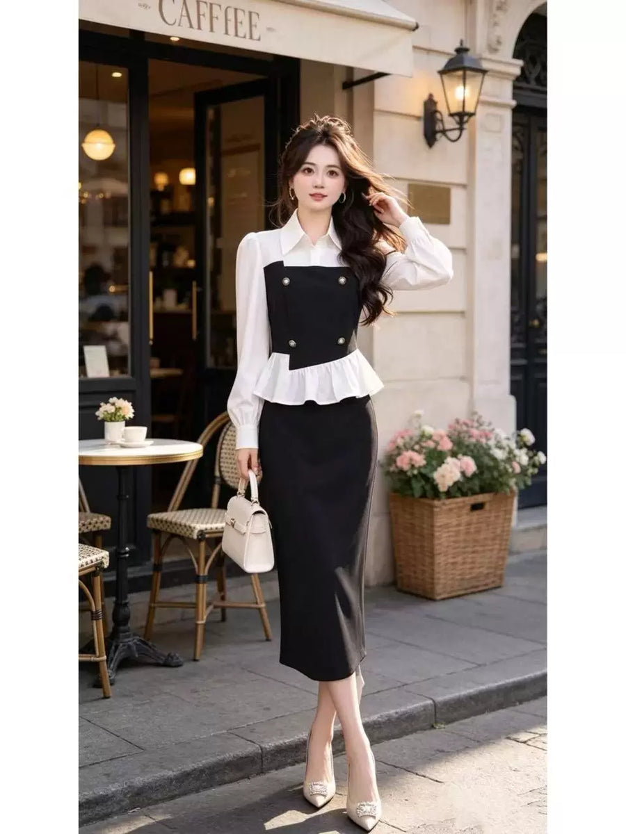 Ruiru Custom [Duster Jacket Style] [Black] Shirt-Patchwork Elegant Dress D5234