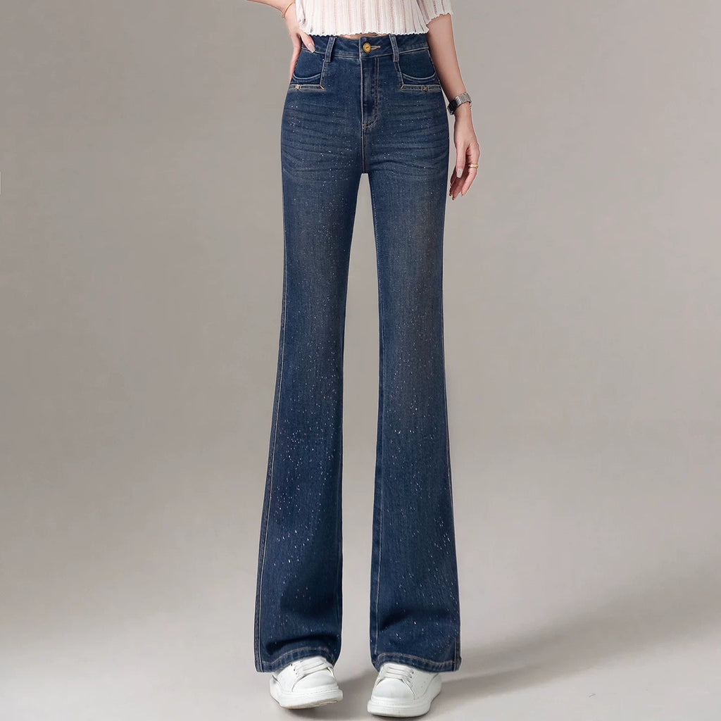 High-end shiny bronzing powder slightly pulled jeans women's 2026 spring and autumn new slim-fitting and thin high-waisted flared pants