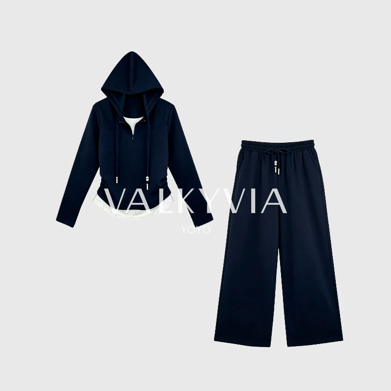 [Valkyvia/Yoyo] Skinny pleated fake two-piece hooded top pants set 862505