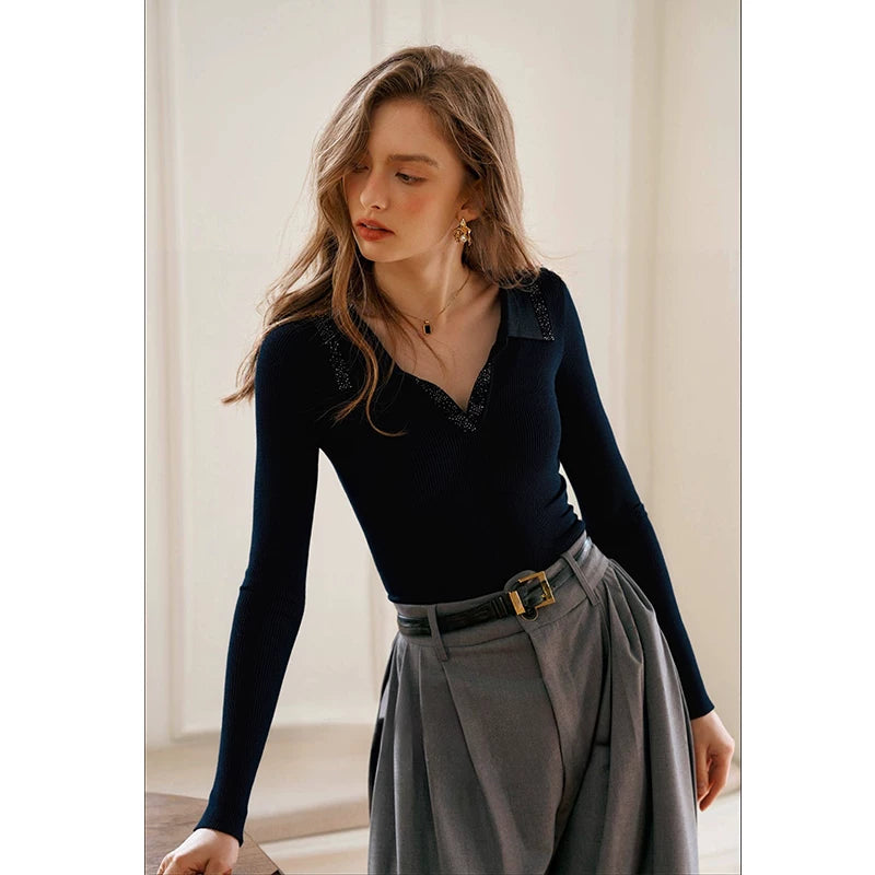 [Mina Exclusive] Design Hot Diamond Small Lapel Versatile Lyocell Knitted Top M361080