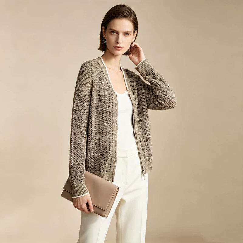 [Bin Bin Exclusive] [Bead Chain Soft Weaving] Textured Light Luxury Chain Round Neck Skinny Long Sleeve Knitted Sweater 863629
