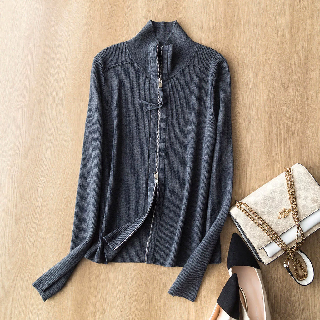 High-end quality stand-collar zip-up knit cardigan short jacket elegant versatile slimming wool base layer top trendy