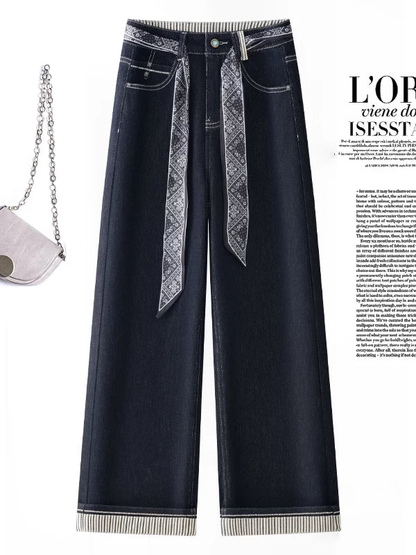 Denim Blue Super Fire Silk Scarf Belt Straight Jeans Women's 2026 Autumn New High Waist Skinny Curled Wide Leg Pants
