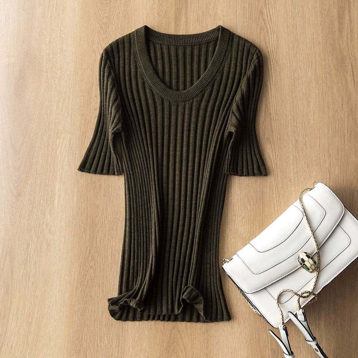Sen Huxi Fine-Spun Extra-Fine Wool Elegant Minimalist Textured Slimming Vertical-Ribbed Half-Sleeve Spoon-Neck Sophisticated Lightweight Knit Top