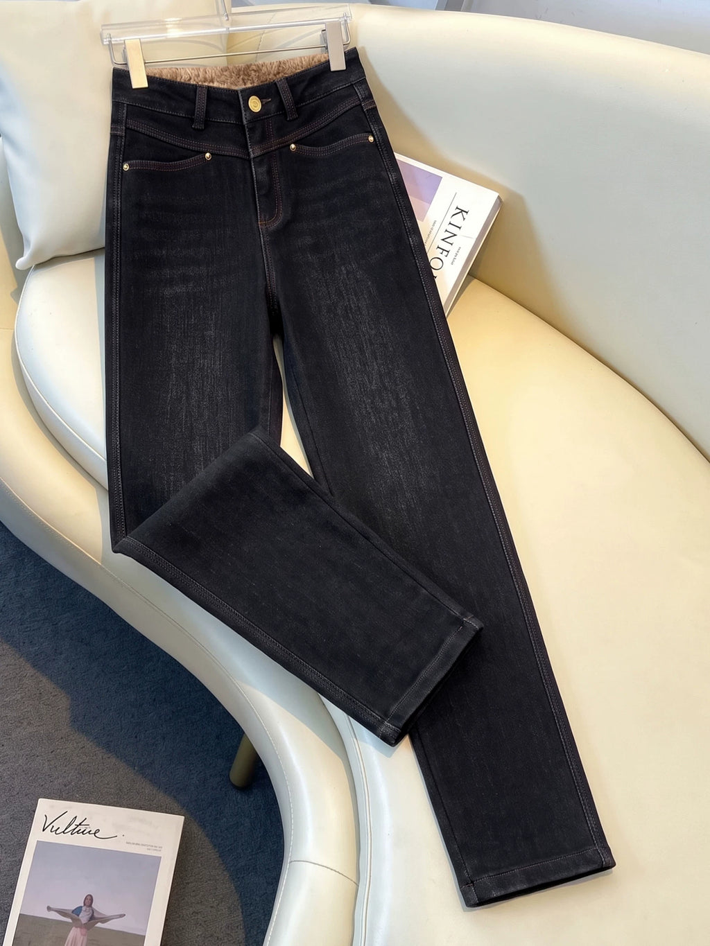 Retro velvet warm high waist thin pants children's 2026 winter new slim-fit elastic radish jeans
