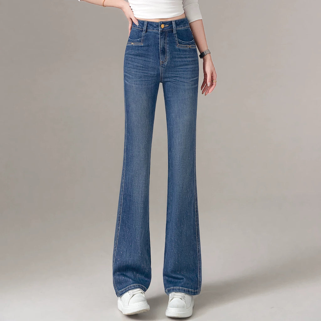 High-end shiny bronzing powder slightly pulled jeans women's 2026 spring and autumn new slim-fitting and thin high-waisted flared pants