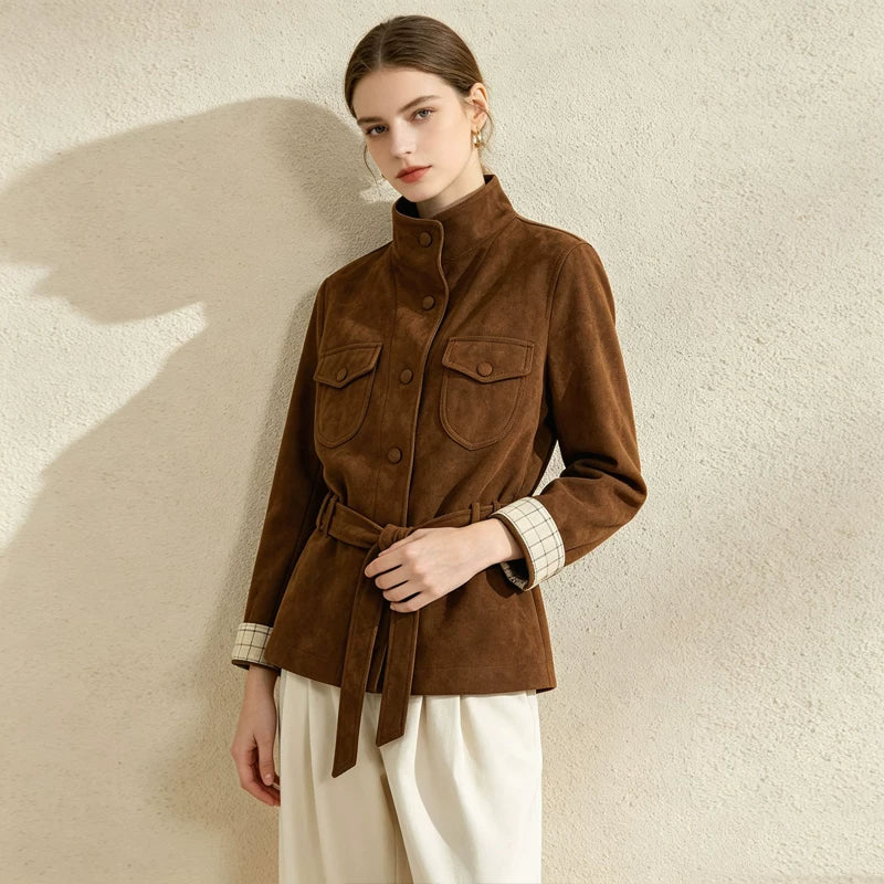 [حصري من بين بين] [أكمام كاروهات بأسلوب الصيد] جاكيت كلاسيكي بياقة عالية وخصر برباط كاروهات بياقة عريضة أنيق 6379