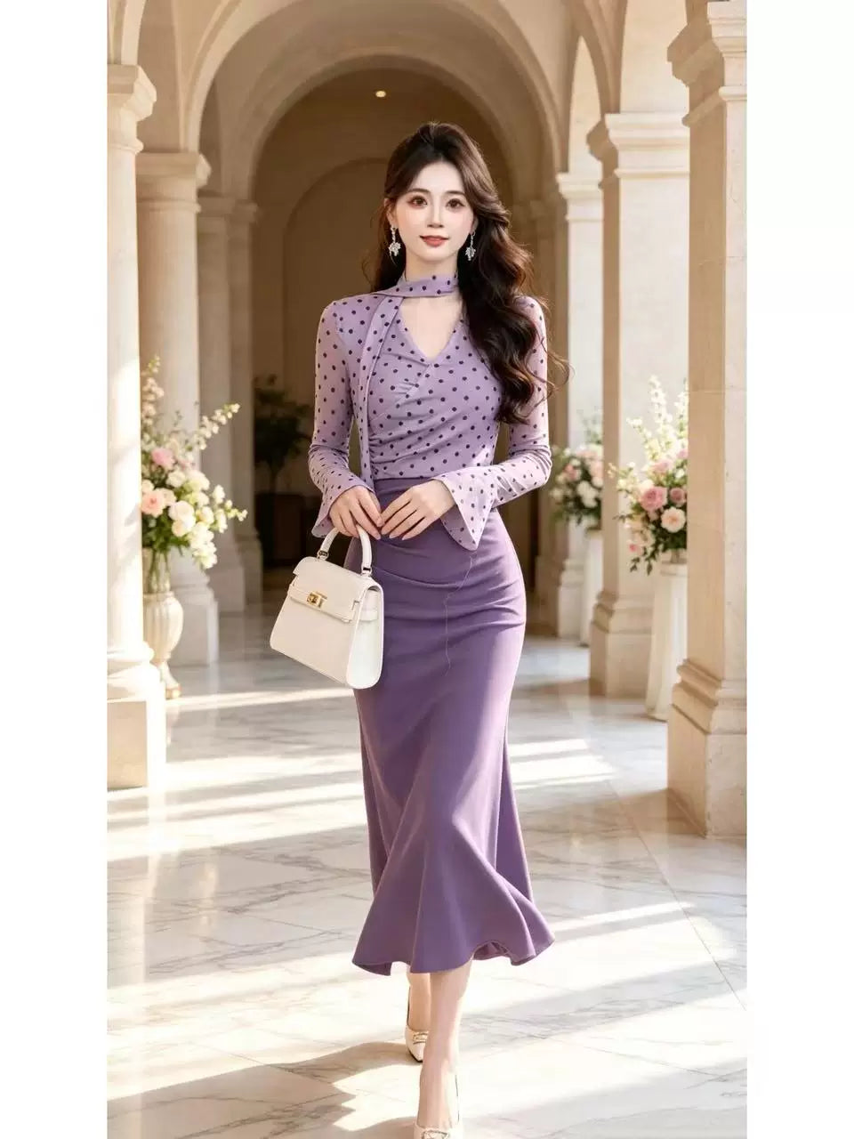 Ruiru Custom [Taro Mud Bobo] Gentle Polka Dot V-Neck Long Sleeve Slim Fit Bodycon Dress D4799