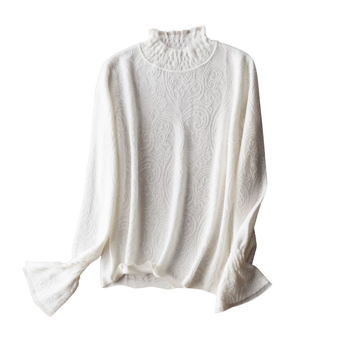 Gentle White Moonlight – So Easy to Style! Floral Lace Jacquard Knit Long-Sleeve Mock-Neck Base Layer for Women