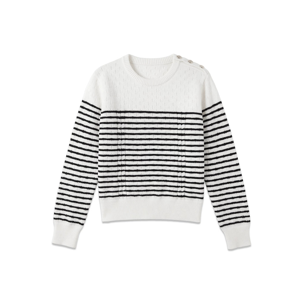 [Button Knitted Shirt] Wool French Striped Metal Button Texture Crew Neck Sweater 263078