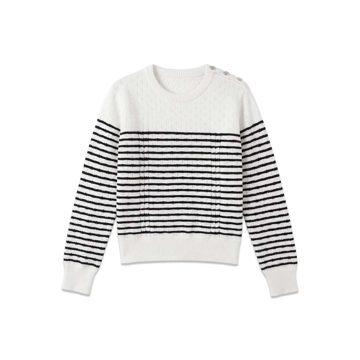 [Button Knitted Shirt] Wool French Striped Metal Button Texture Crew Neck Sweater 263078