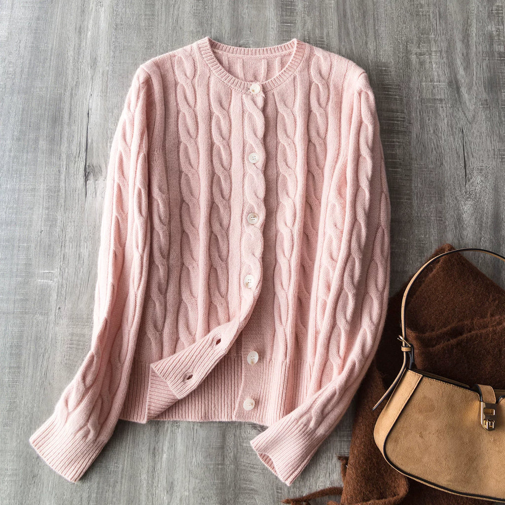 "Laf Cable-Knit Collection" Old Money Style Thickened 100% Wool Classic Cable-Knit Cardigan-Style Crew-Neck Knit Sweater