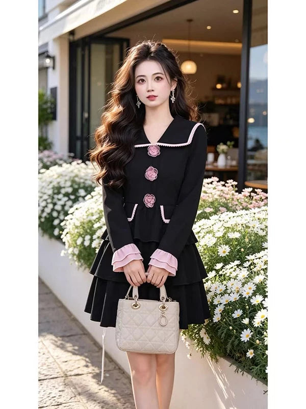 Ruirui Custom [Rose Rendezvous] Wide-Notch Collar Color-Blocked New Versatile Fashion Lightweight Luxury Dress D11669