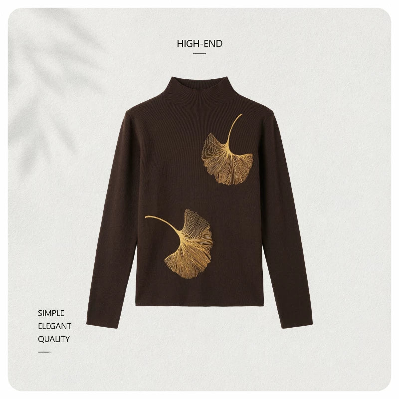 [Valkyvia/Yoyo] National style ginkgo embroidered semi-turtleneck soft waxy slim-fitting knitted top 263454