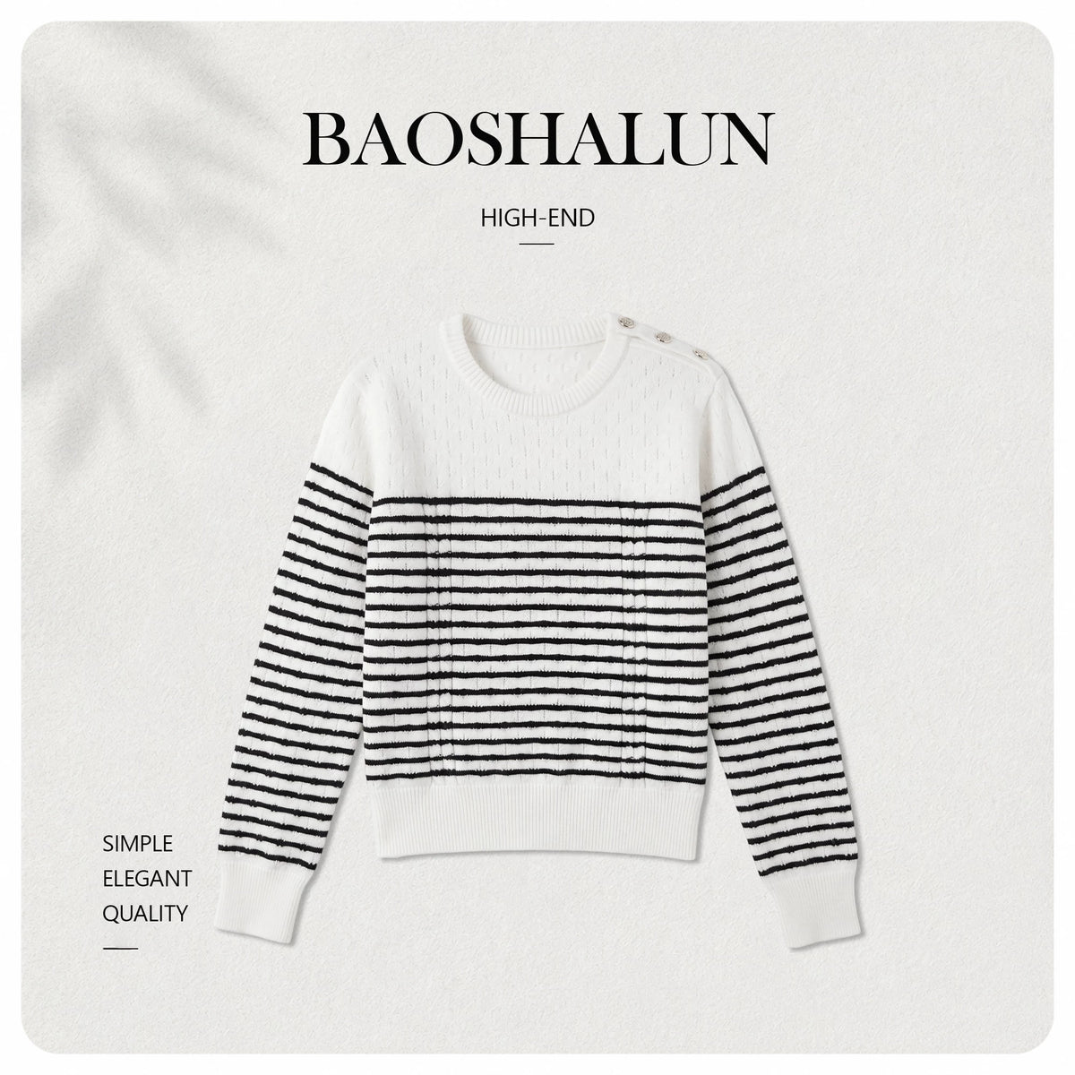 [Button Knitted Shirt] Wool French Striped Metal Button Texture Crew Neck Sweater 263078