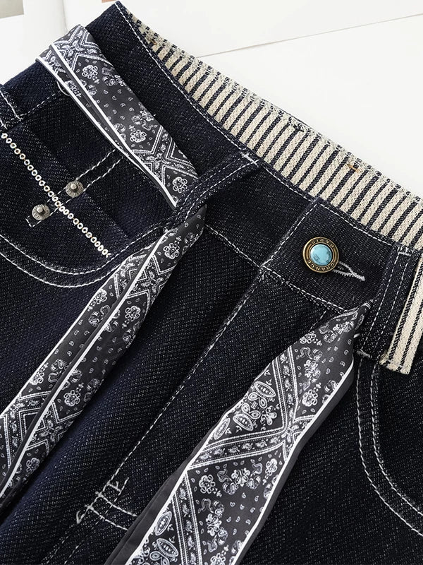 Denim Blue Super Fire Silk Scarf Belt Straight Jeans Women's 2026 Autumn New High Waist Skinny Curled Wide Leg Pants